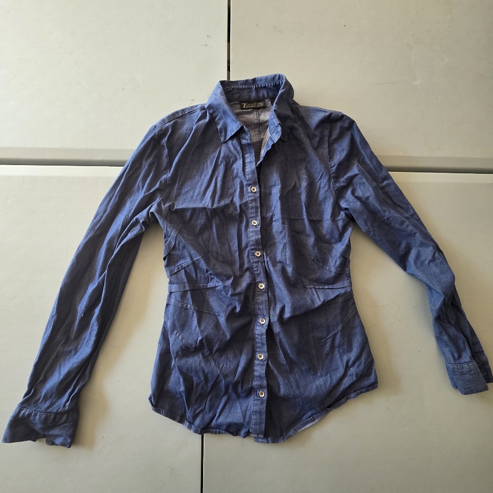 7th Ave Design New York & Co. Ladies S Button Down Long Sleeve Dress Blouse Blue